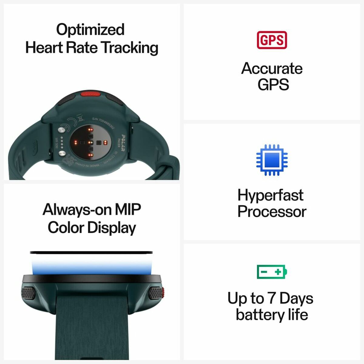 Polar Pacer Smartwatch 45mm | GPS & Heart Rate Monitor | Pedometer Running Watch | 1.2" Display | Green | Swimming & Fitness Tracker