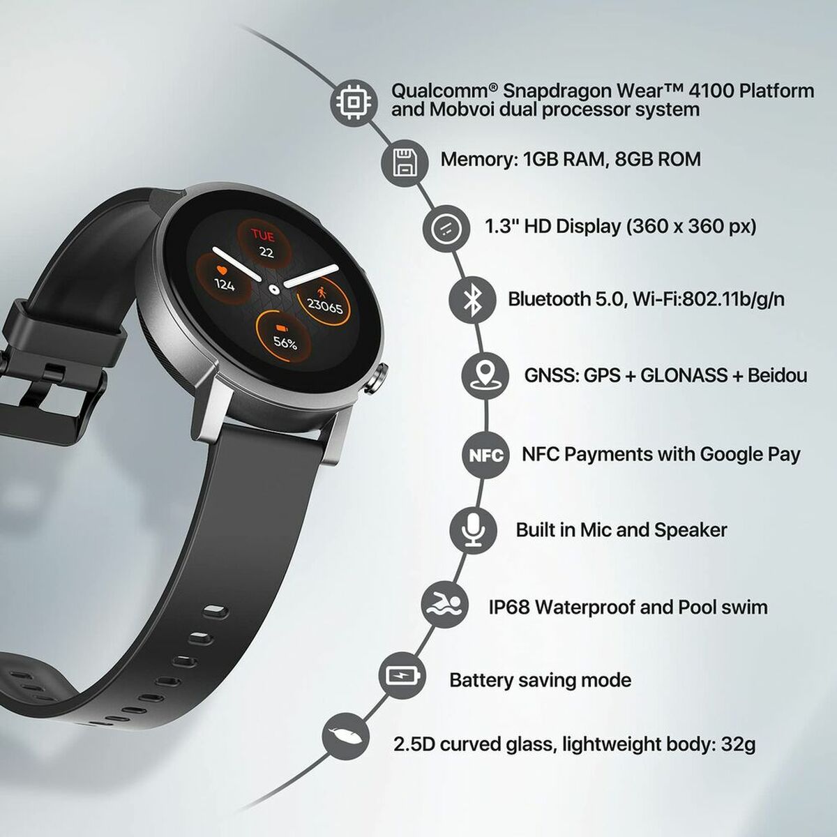 TicWatch E3 Smartwatch | 1,3-Zoll-HD-Bildschirm | GPS | 45 Tage Autonomie | Schwarz