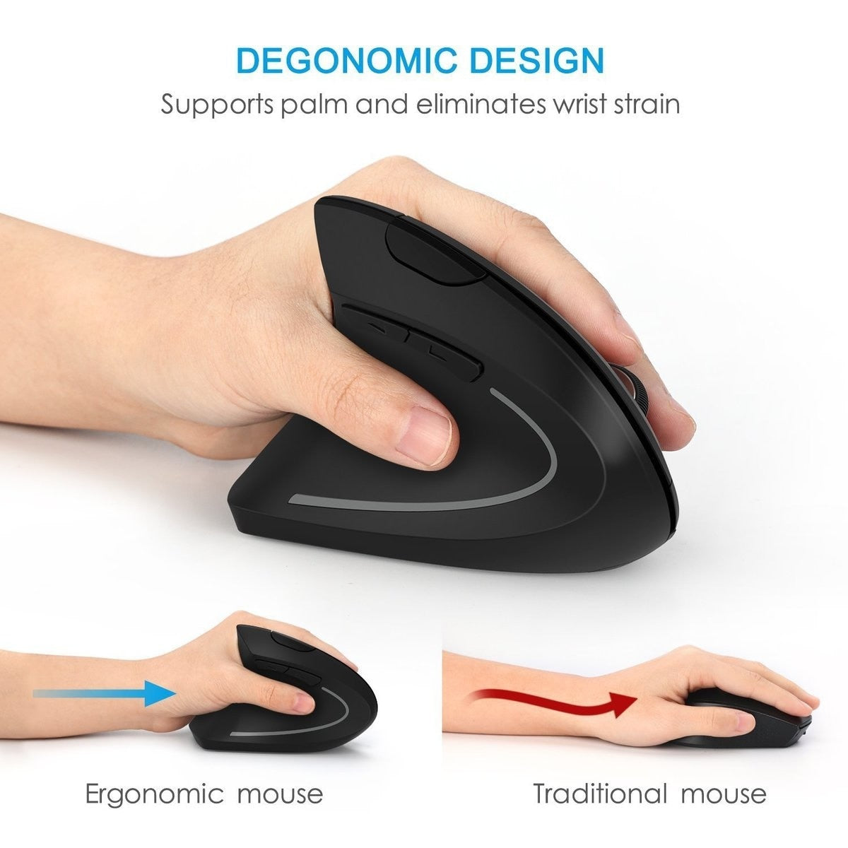 Ratón vertical ergonómico inalámbrico de 2,4 G | Versiones para zurdos y diestros | DPI ajustable | Luz LED | Agarre cómodo