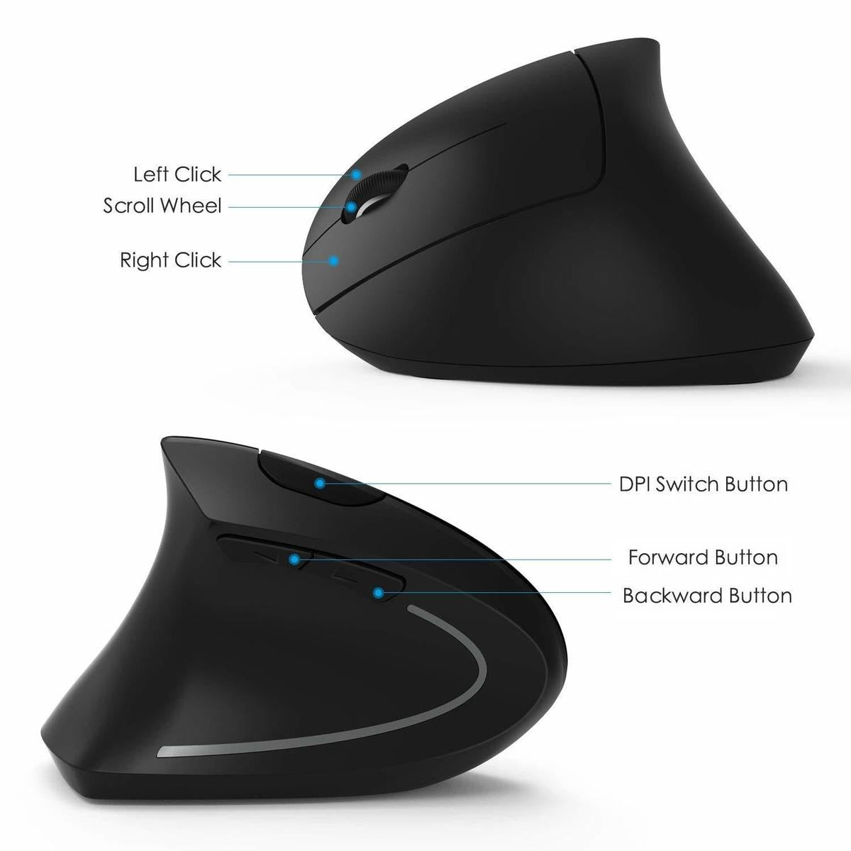 Ratón vertical ergonómico inalámbrico de 2,4 G | Versiones para zurdos y diestros | DPI ajustable | Luz LED | Agarre cómodo