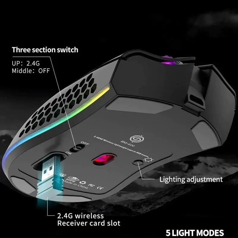 BM600 Rechargeable Wireless Gaming Mouse | RGB Lighting | 2.4G Wireless & Wired Dual Mode | Ergonomic Honeycomb Design | For PC & Laptop