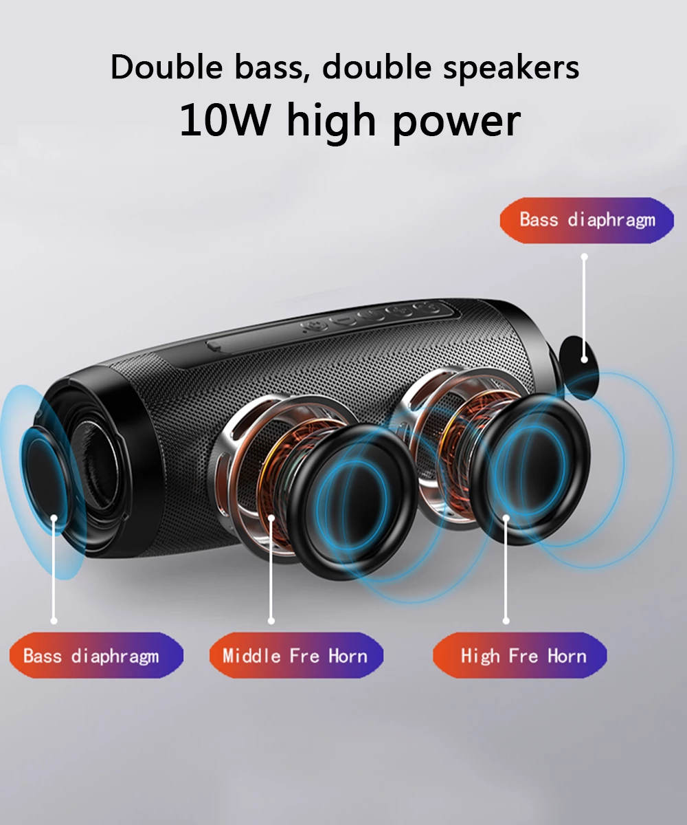 Wireless Portable Bluetooth Stereo Speaker with LED Light | Dual 5W Drivers | 10m Range | 32G TF Support