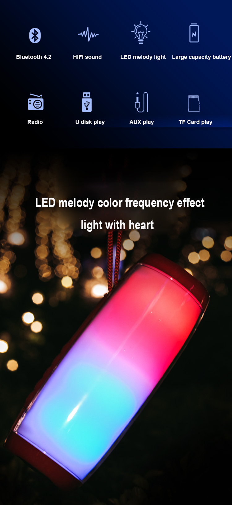 Wireless Portable Bluetooth Stereo Speaker with LED Light | Dual 5W Drivers | 10m Range | 32G TF Support