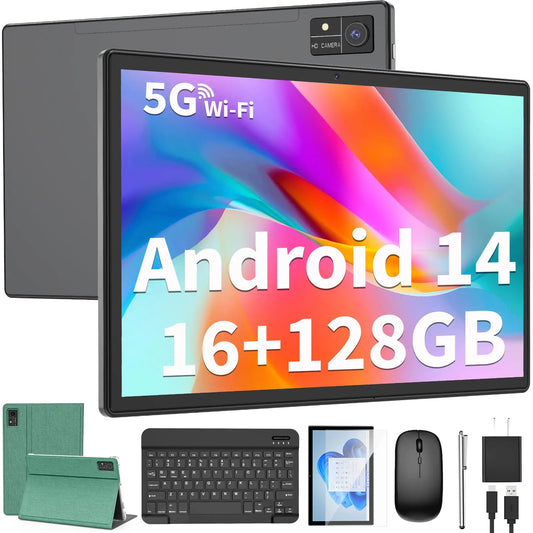 Tableta Android con teclado | 10 pulgadas | Android 14 | 16 GB de RAM | 128 GB de ROM | Batería de 8000 mAh | Tableta 2 en 1 | Certificación GMS