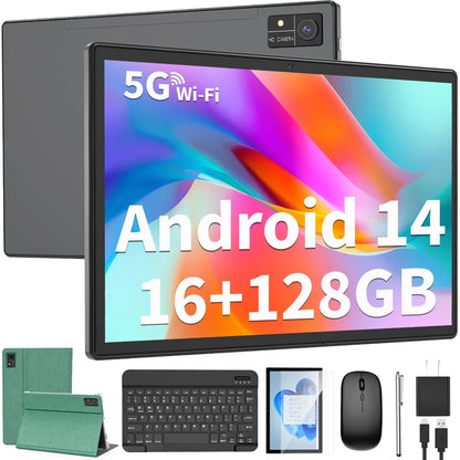 Tableta Android con teclado | 10 pulgadas | Android 14 | 16 GB de RAM | 128 GB de ROM | Batería de 8000 mAh | Tableta 2 en 1 | Certificación GMS