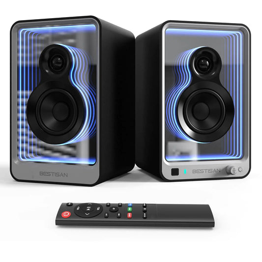 BESTISAN SR15 Bluetooth Bookshelf Speakers | Active Stereo | Optical ARC RCA Inputs | Subwoofer Out | Light Effects